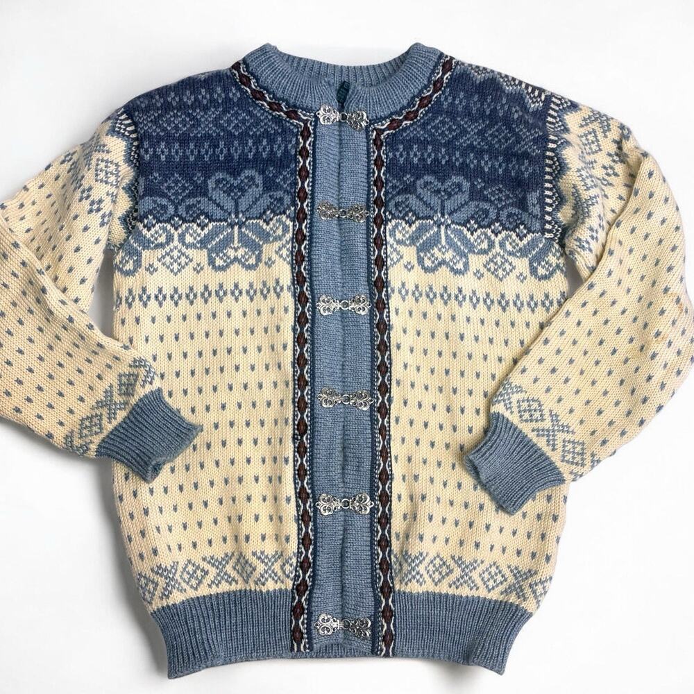 Vintage Dale of Norway Nordic Fair Isle Cardigan Sweater Women S Pure Wool Blue